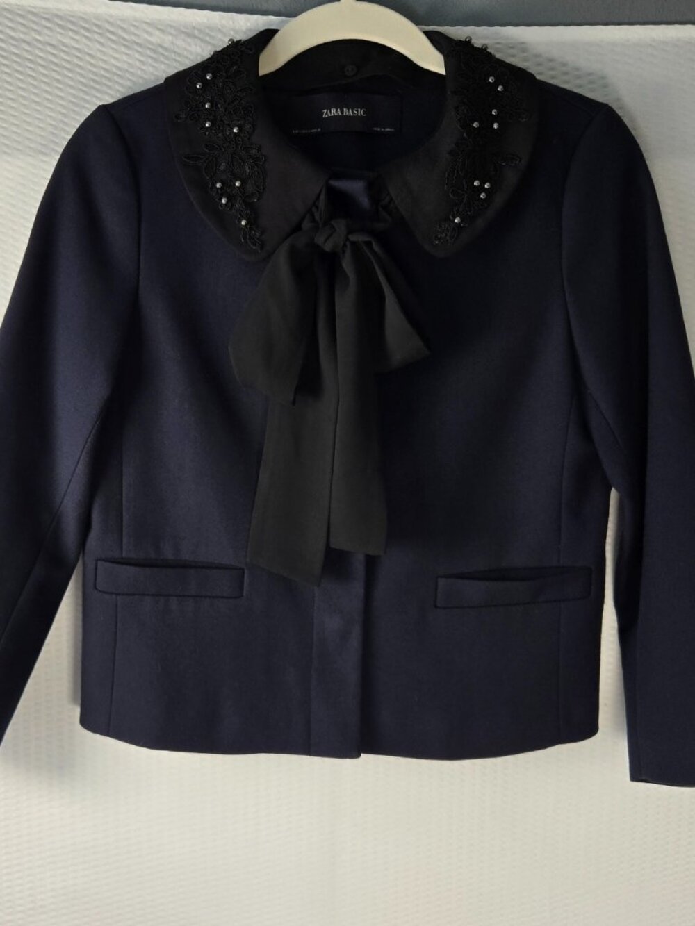 Zara Navy Blue Jacket with Black Embroidered Beads & Floral Collar Size Small